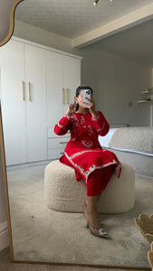 Red embroidered 2 piece coord with shirt and trouser.