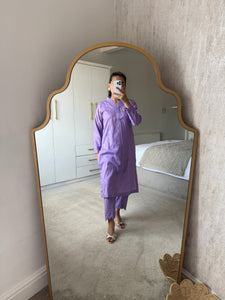 Lilac chikankari 2 piece coord with shirt and trouser.