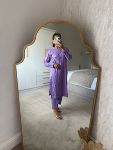 Lilac chikankari 2 piece coord with shirt and trouser.