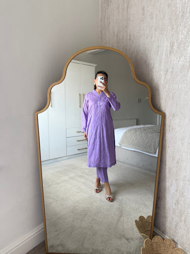 Lilac chikankari 2 piece coord with shirt and trouser.