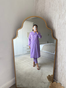 Lilac chikankari 2 piece coord with shirt and trouser.
