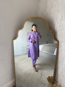 Lilac chikankari 2 piece coord with shirt and trouser.