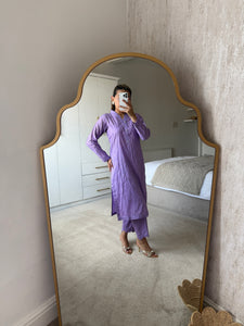 Lilac chikankari 2 piece coord with shirt and trouser.