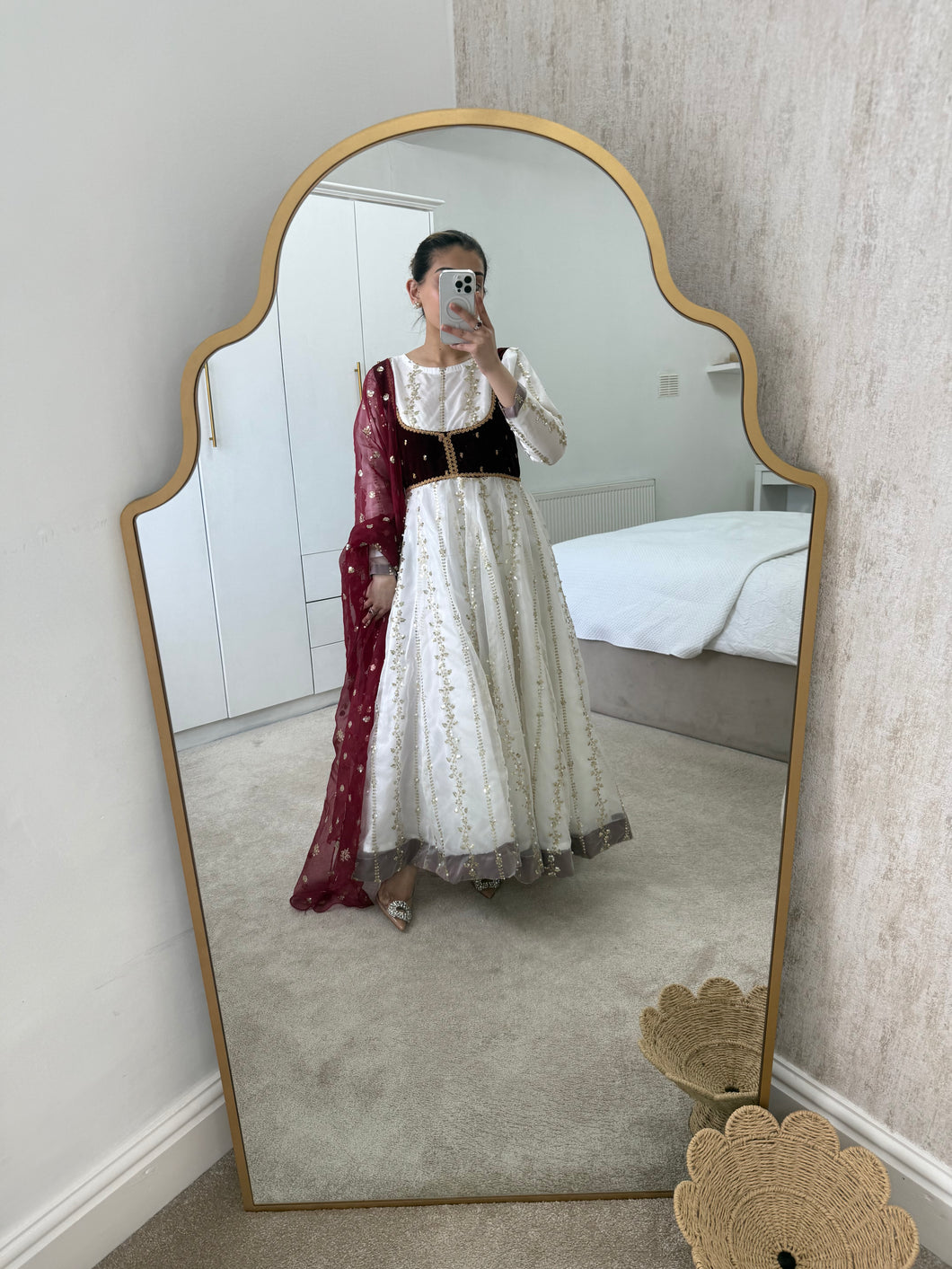 White princess - chiffon embroidered frock with velvet attached koti and chiffon duppata and trouser