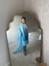 Load image into Gallery viewer, Maria B inspired embroidered lawn suit blue sea with organza duppata