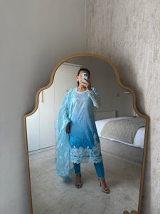 Maria B inspired embroidered lawn suit blue sea with organza duppata