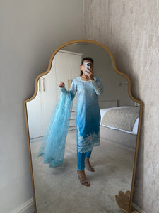 Maria B inspired embroidered lawn suit blue sea with organza duppata