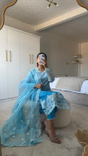 Load image into Gallery viewer, Maria B inspired embroidered lawn suit blue sea with organza duppata