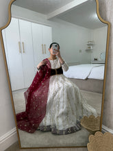 Load image into Gallery viewer, White princess - chiffon embroidered frock with velvet attached koti and chiffon duppata and trouser