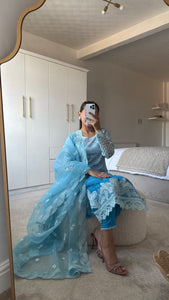 Maria B inspired embroidered lawn suit blue sea with organza duppata