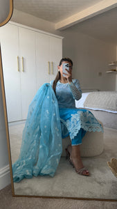 Maria B inspired embroidered lawn suit blue sea with organza duppata