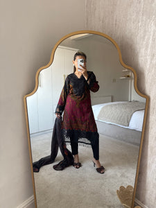 Maria B inspired embroidered lawn suit black paisley with chiffon duppata