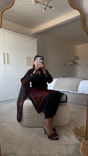 Maria B inspired embroidered lawn suit black paisley with chiffon duppata