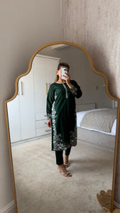 Green embroidered 2 piece coord with shirt and trouser.