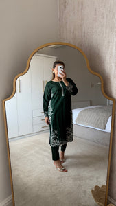 Green embroidered 2 piece coord with shirt and trouser.