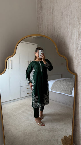 Green embroidered 2 piece coord with shirt and trouser.