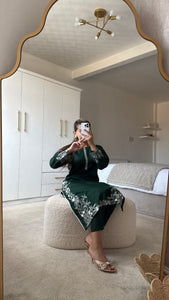 Green embroidered 2 piece coord with shirt and trouser.