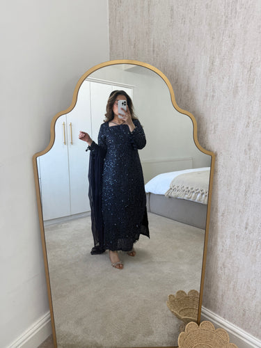 Midnight sparkle 3 piece suit with long Kameez and chiffon duppata and trouser