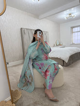 Load image into Gallery viewer, Maria B inspired - Sky blue khaddar suit with khaddar trouser and shawl- Immediate Dispatch