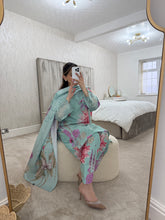 Load image into Gallery viewer, Maria B inspired - Sky blue khaddar suit with khaddar trouser and shawl- Immediate Dispatch