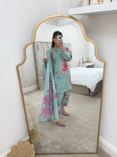 Load image into Gallery viewer, Maria B inspired - Sky blue khaddar suit with khaddar trouser and shawl- Immediate Dispatch