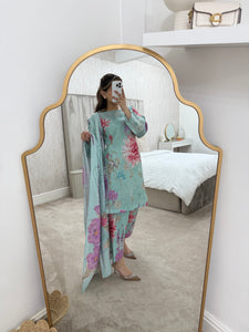 Maria B inspired - Sky blue khaddar suit with khaddar trouser and shawl- Immediate Dispatch