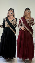 Load image into Gallery viewer, Chiffon frock style suit with sari draped duppata and hand embellishments and silk trouser. Eid collection. Party wear.