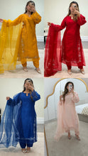 Load image into Gallery viewer, Korean raw silk suit with emrboidery and lace details. Organza duppata. Party wear. Eid collection.