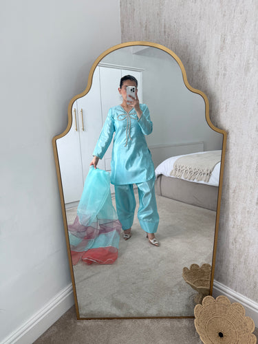 SILK bow suit with sequin embroidery and organza duppata.