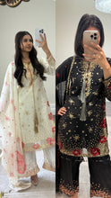Load image into Gallery viewer, Black/ white chiffon embroidered suit with sequin embroidery and embellishments. Chiffon duppata. Eid and party wear.