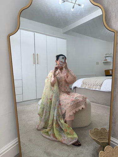 Maria B inspired embroidered lawn suit peachy tones with chiffon duppata