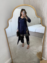 Load image into Gallery viewer, Navy silk embroidered suit with chiffon duppata