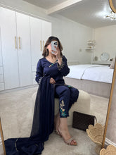 Load image into Gallery viewer, Navy silk embroidered suit with chiffon duppata