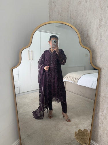 Maria b inspired deep purple cutwork embroidered suit with organza duppata and trouser