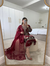 Load image into Gallery viewer, Red organza embroidered shirt with organza duppata and cotton silk trouser.