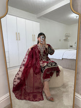 Load image into Gallery viewer, Red organza embroidered shirt with organza duppata and cotton silk trouser.