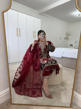 Load image into Gallery viewer, Red organza embroidered shirt with organza duppata and cotton silk trouser.