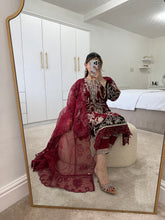 Load image into Gallery viewer, Red organza embroidered shirt with organza duppata and cotton silk trouser.