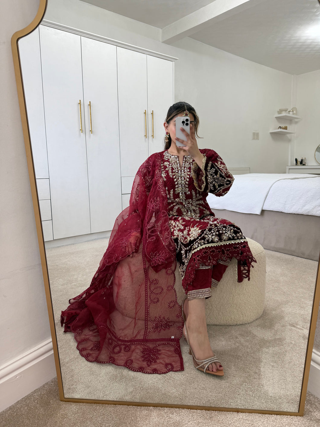 Red organza embroidered shirt with organza duppata and cotton silk trouser.