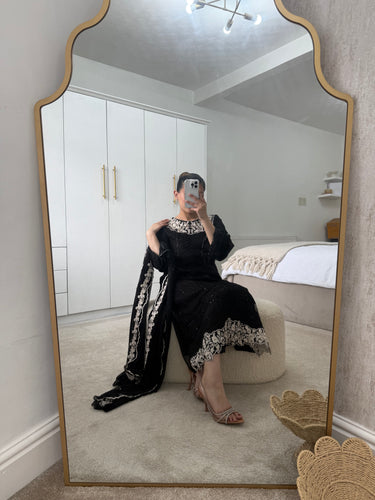 Maria b inspired black chiffon  embroidered suit with chiffon duppata and trouser