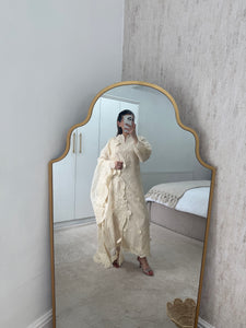Qalamkar inspired khadi net suit with embroidered khadi net duppata and lawn embroidered trouser