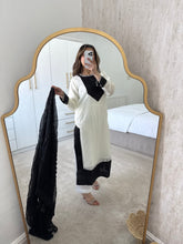 Load image into Gallery viewer, Chiffon black and white sequin 3 piece suit with chiffon duppata