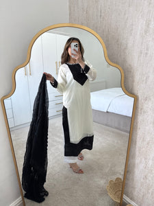 Chiffon black and white sequin 3 piece suit with chiffon duppata