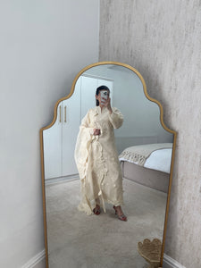 Qalamkar inspired khadi net suit with embroidered khadi net duppata and lawn embroidered trouser