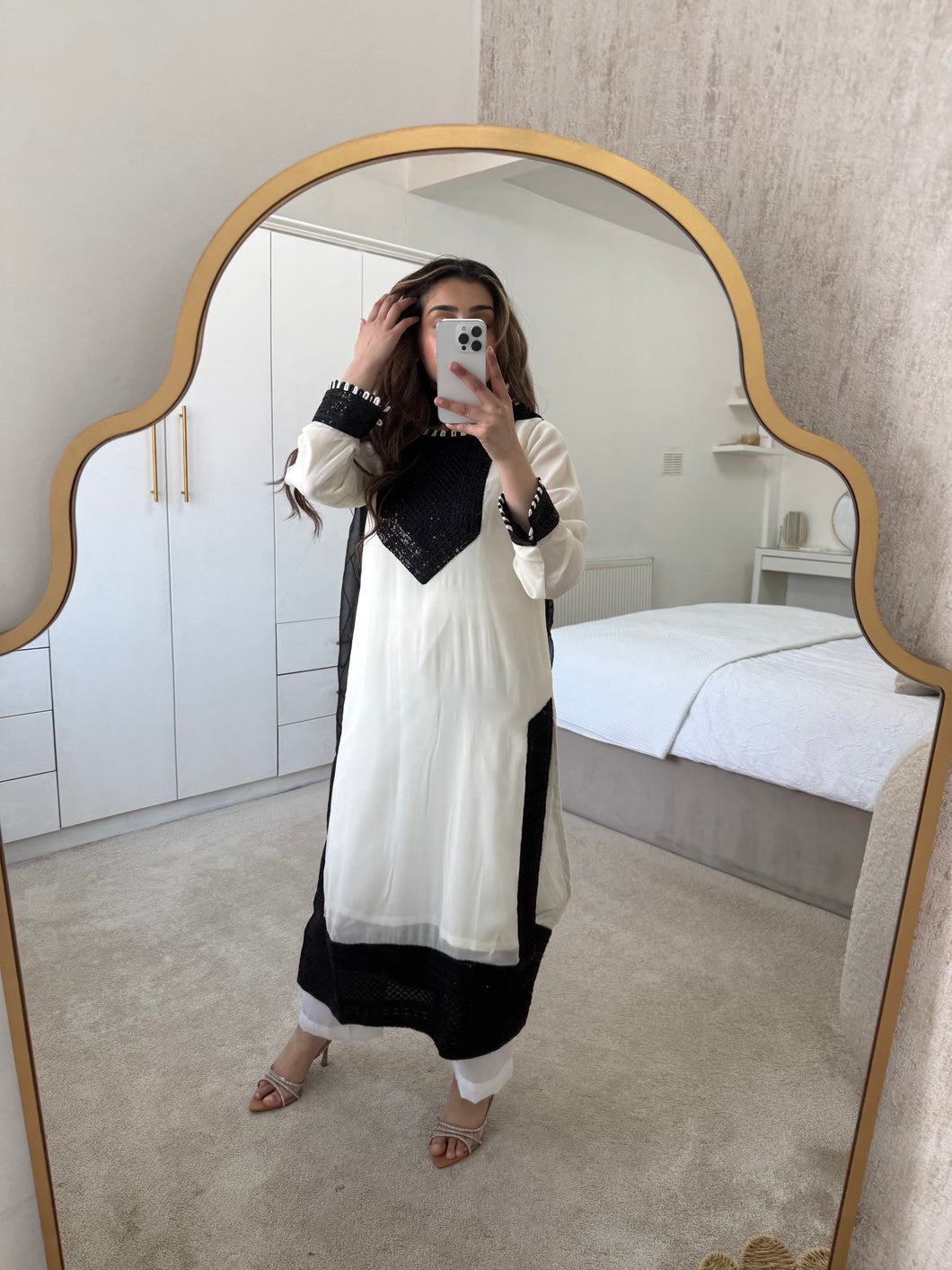 Chiffon black and white sequin 3 piece suit with chiffon duppata