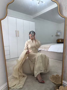 Qalamkar inspired khadi net suit with embroidered khadi net duppata and lawn embroidered trouser