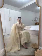 Load image into Gallery viewer, Qalamkar inspired khadi net suit with embroidered khadi net duppata and lawn embroidered trouser