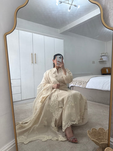 Qalamkar inspired khadi net suit with embroidered khadi net duppata and lawn embroidered trouser