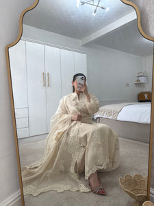 Qalamkar inspired khadi net suit with embroidered khadi net duppata and lawn embroidered trouser