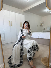 Load image into Gallery viewer, Lilen black and white floral 3 piece suit with chiffon duppata